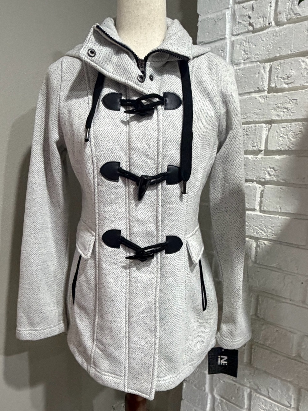 IZ Byer Hooded Toggle Pea Coat in Light Gray with Black Trim